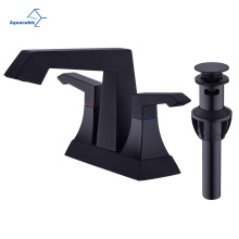 Aquacubic CUPC Matte Black Square 4 Inch Centerset 2 Handle Bathroom Faucet with Pop Up Drain Assembly